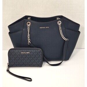 Michael Kors Jet Set Large Shoulder Bag w/ Chain Strap and Matching Wallet Blue